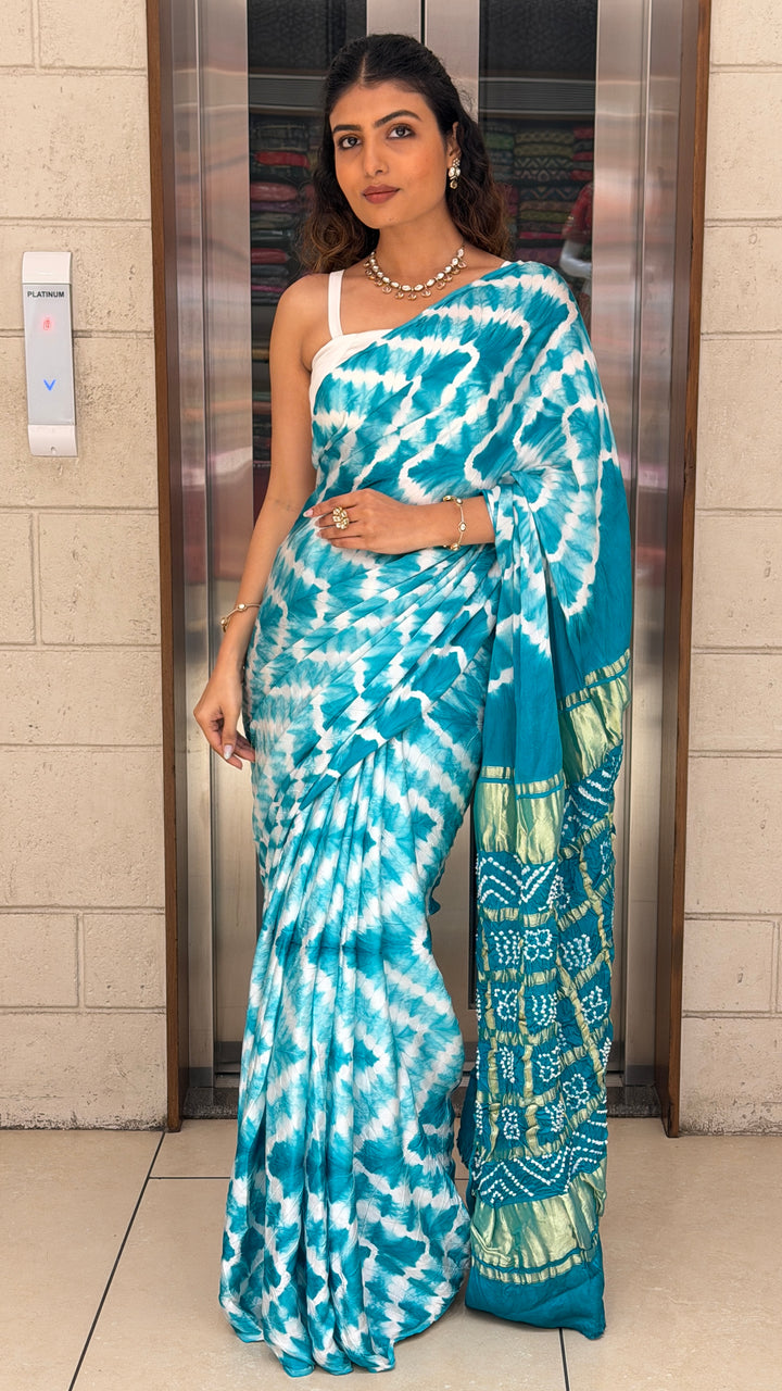 Turquoise Blue Bandhani Silk Saree with Zari Border & Traditional Pallu