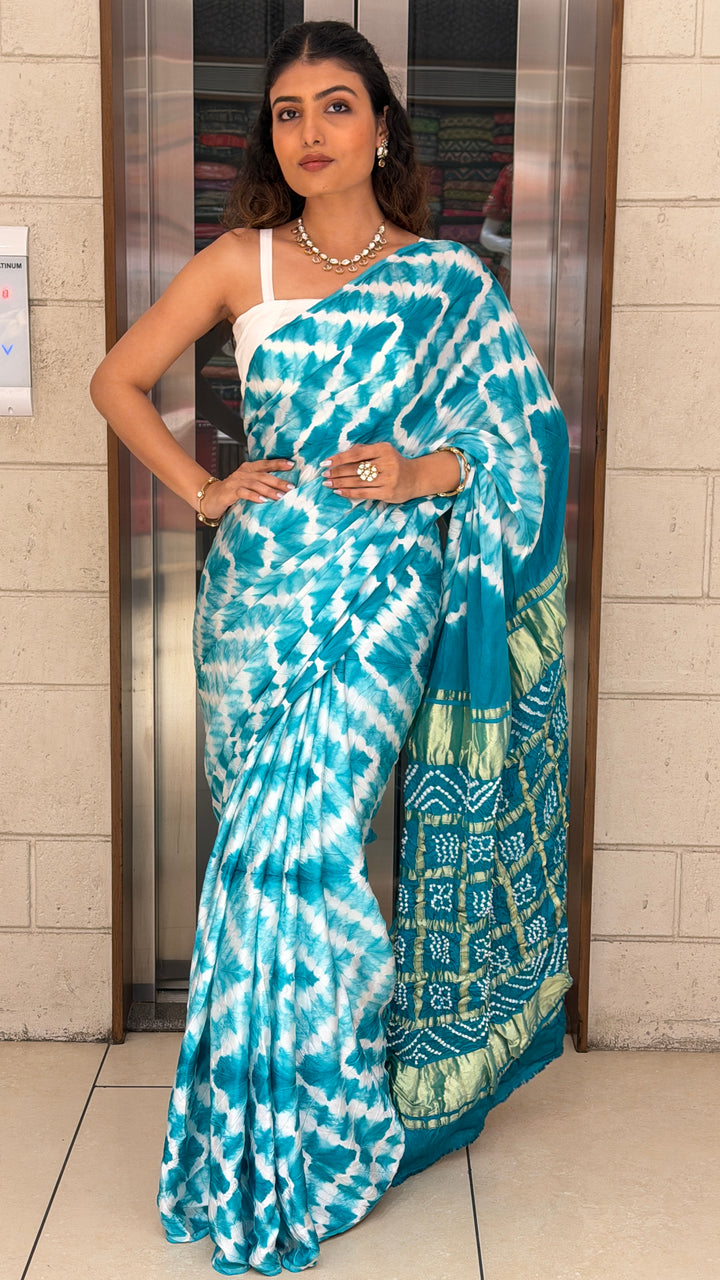 Turquoise Blue Bandhani Silk Saree with Zari Border & Traditional Pallu