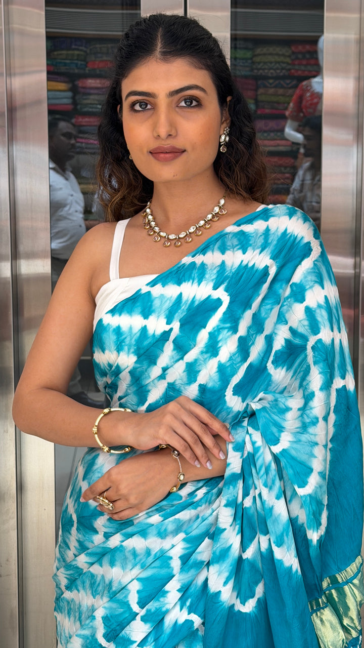 Turquoise Blue Bandhani Silk Saree with Zari Border & Traditional Pallu