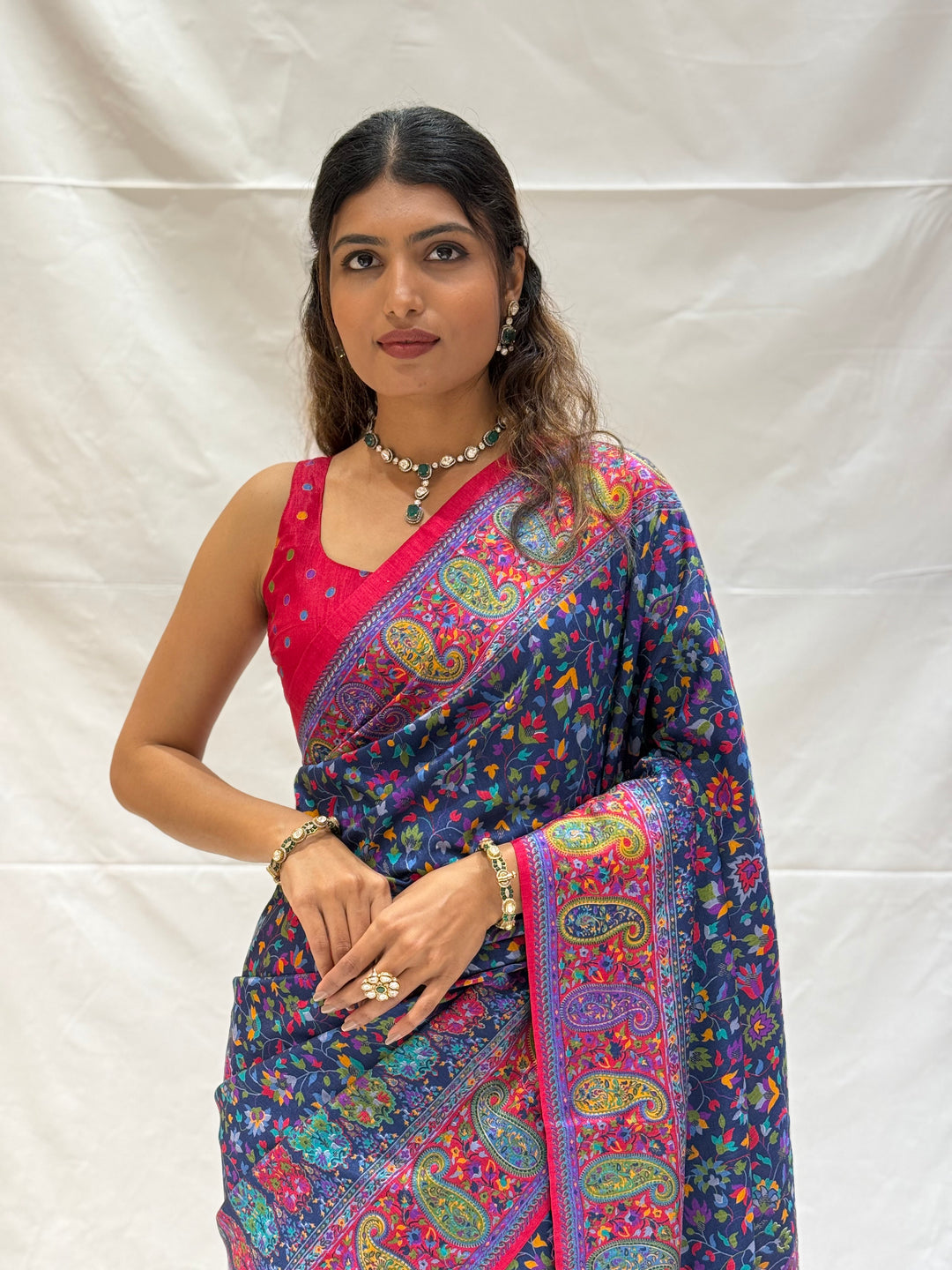 Elegant Kashmiri Paisley Floral Printed Silk Saree with Rich Border