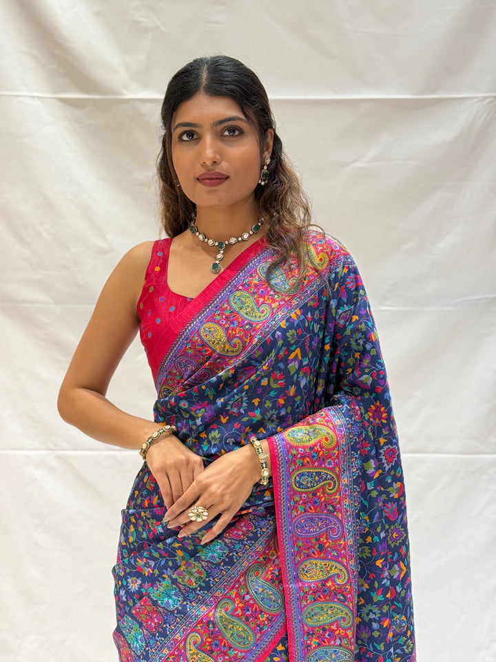 Elegant Kashmiri Paisley Floral Printed Silk Saree with Rich Border