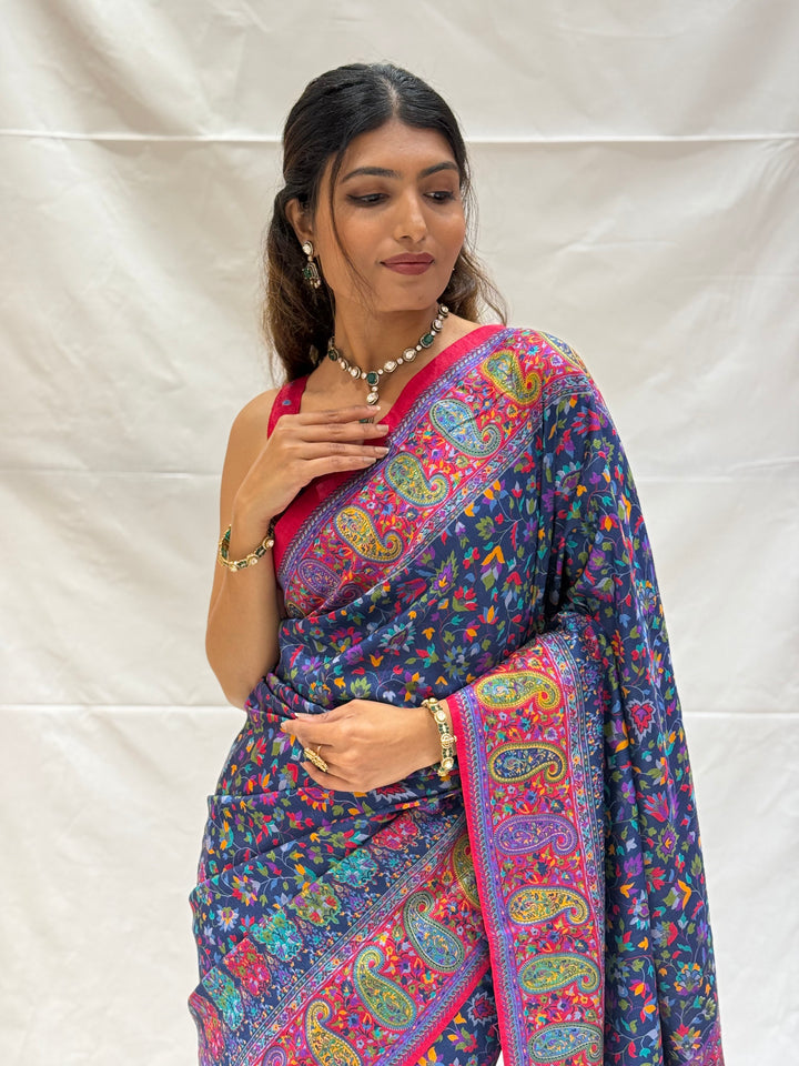 Elegant Kashmiri Paisley Floral Printed Silk Saree with Rich Border