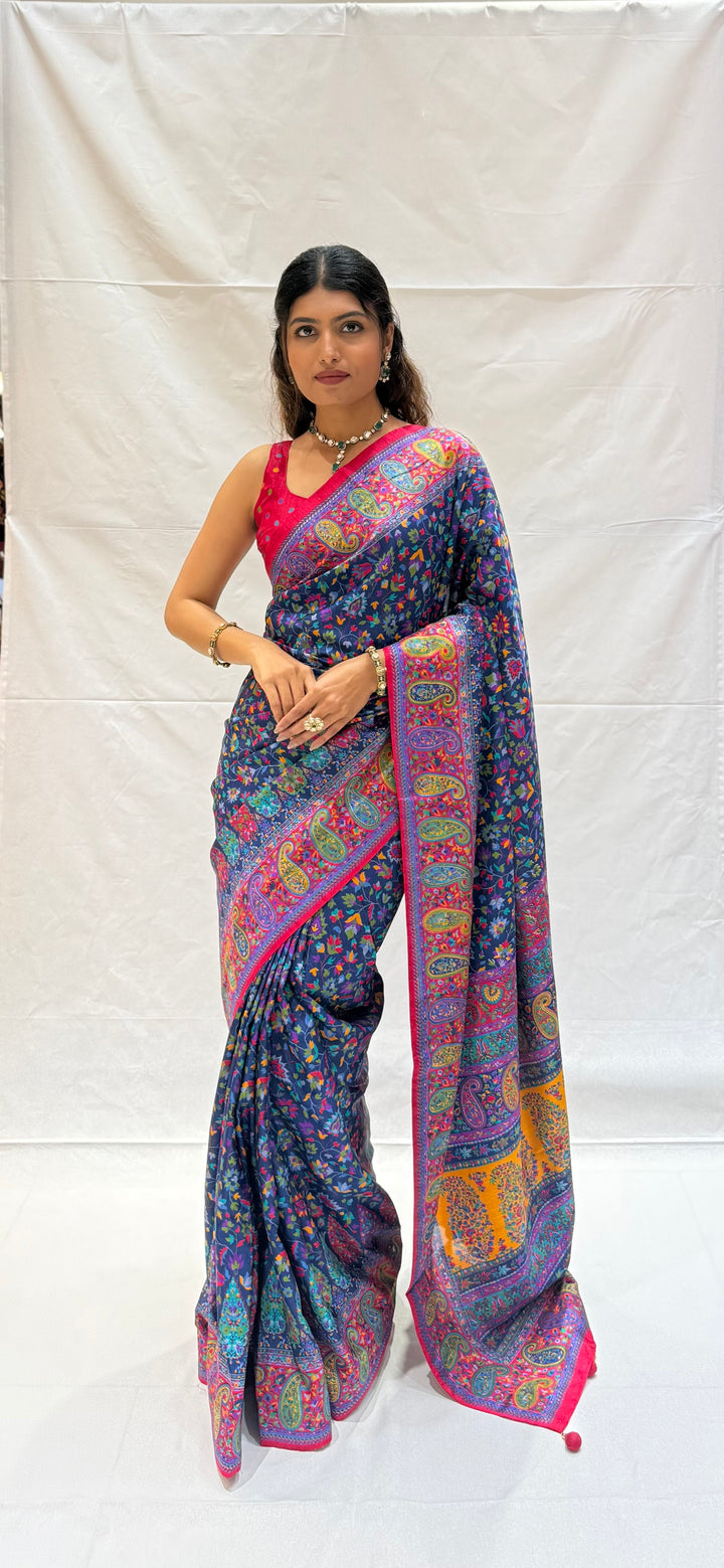 Elegant Kashmiri Paisley Floral Printed Silk Saree with Rich Border