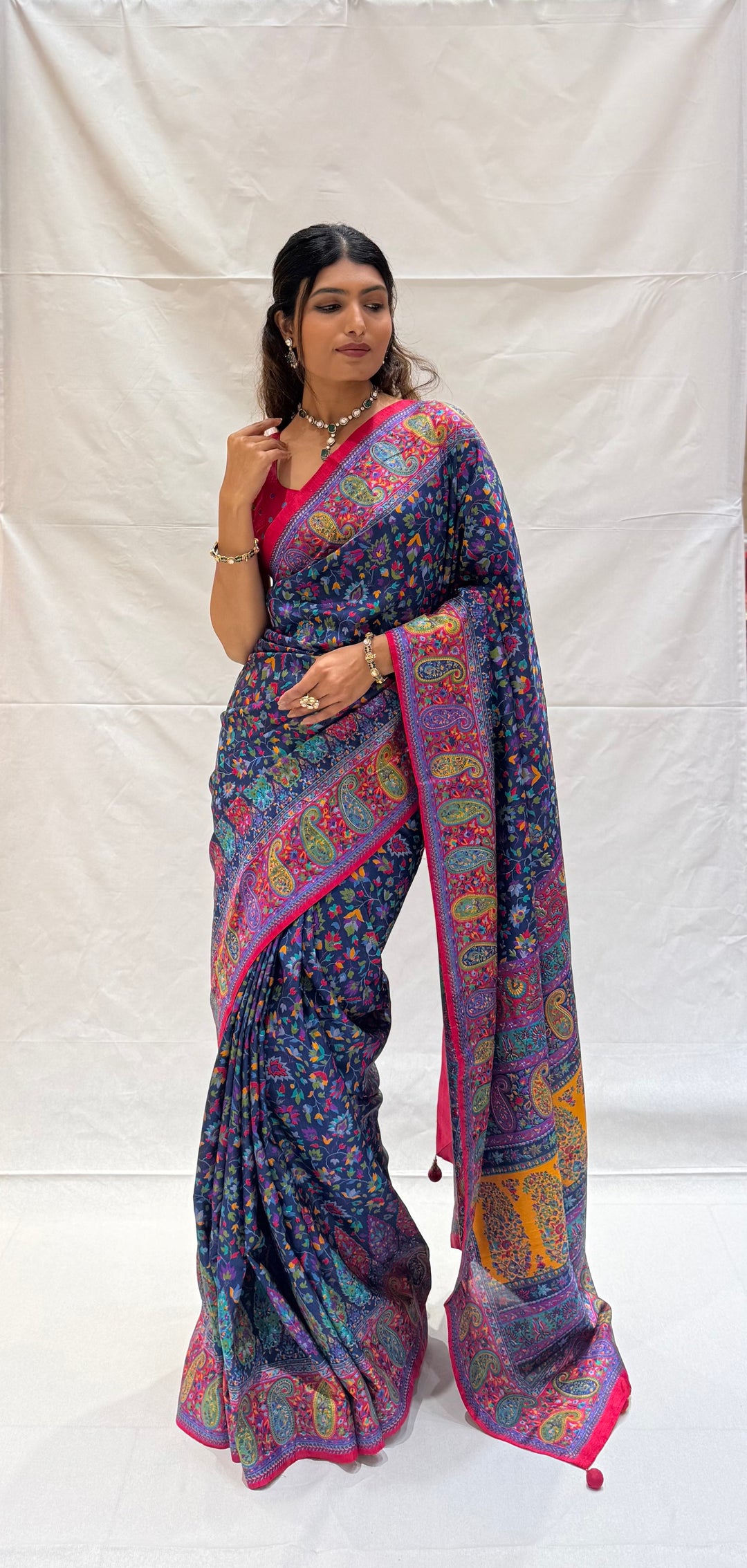 Elegant Kashmiri Paisley Floral Printed Silk Saree with Rich Border
