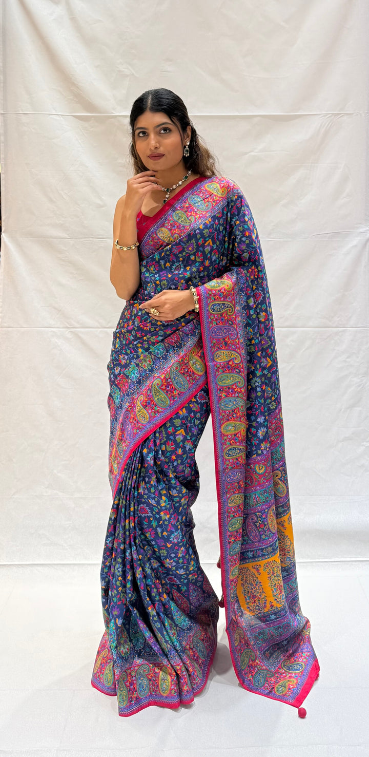 Elegant Kashmiri Paisley Floral Printed Silk Saree with Rich Border