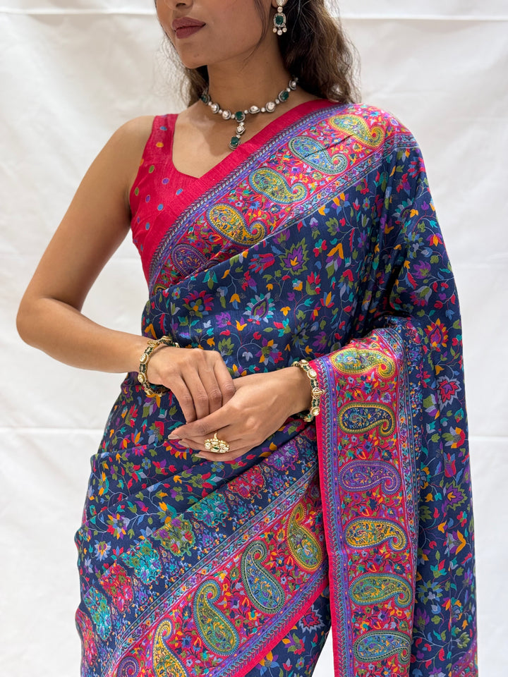 Elegant Kashmiri Paisley Floral Printed Silk Saree with Rich Border