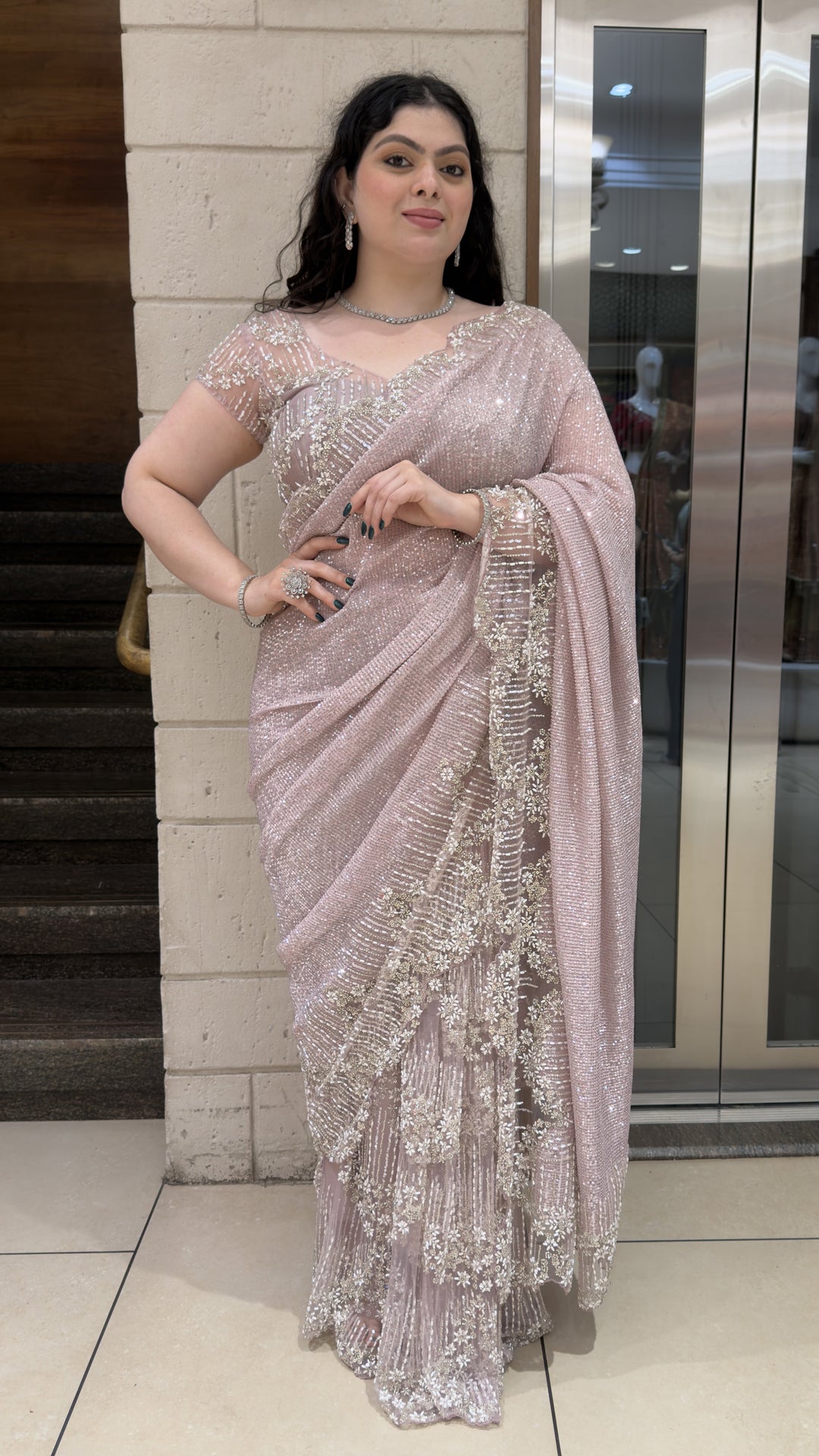 Blush Pink Sequin Embellished Designer Saree with Floral Embroidered Border