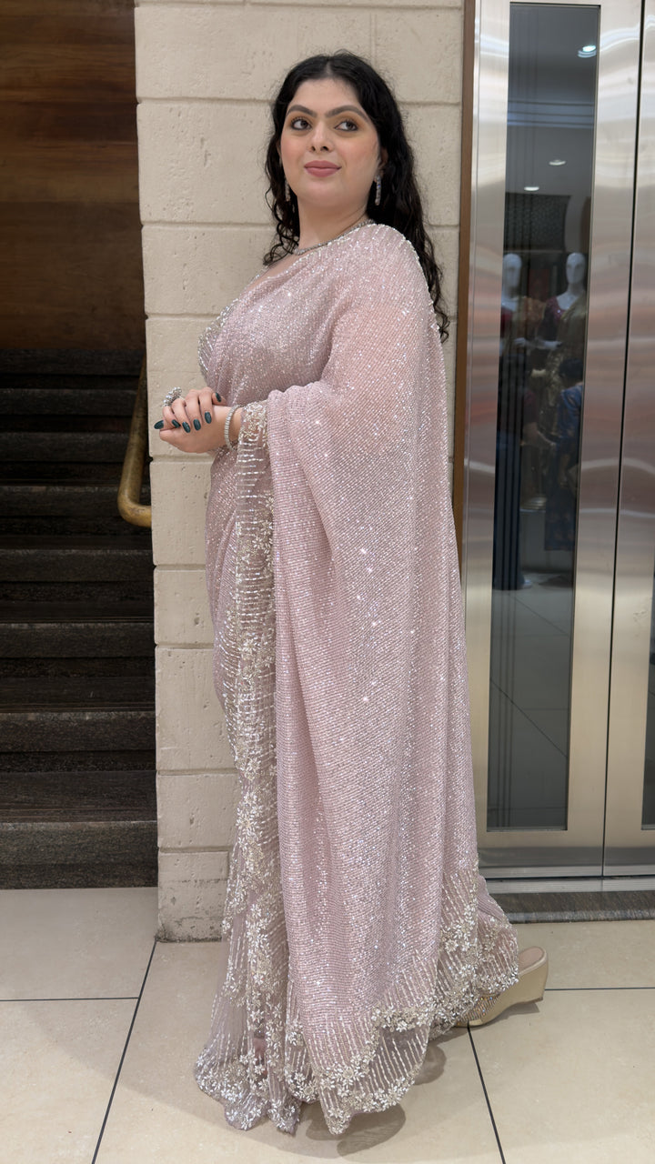 Blush Pink Sequin Embellished Designer Saree with Floral Embroidered Border