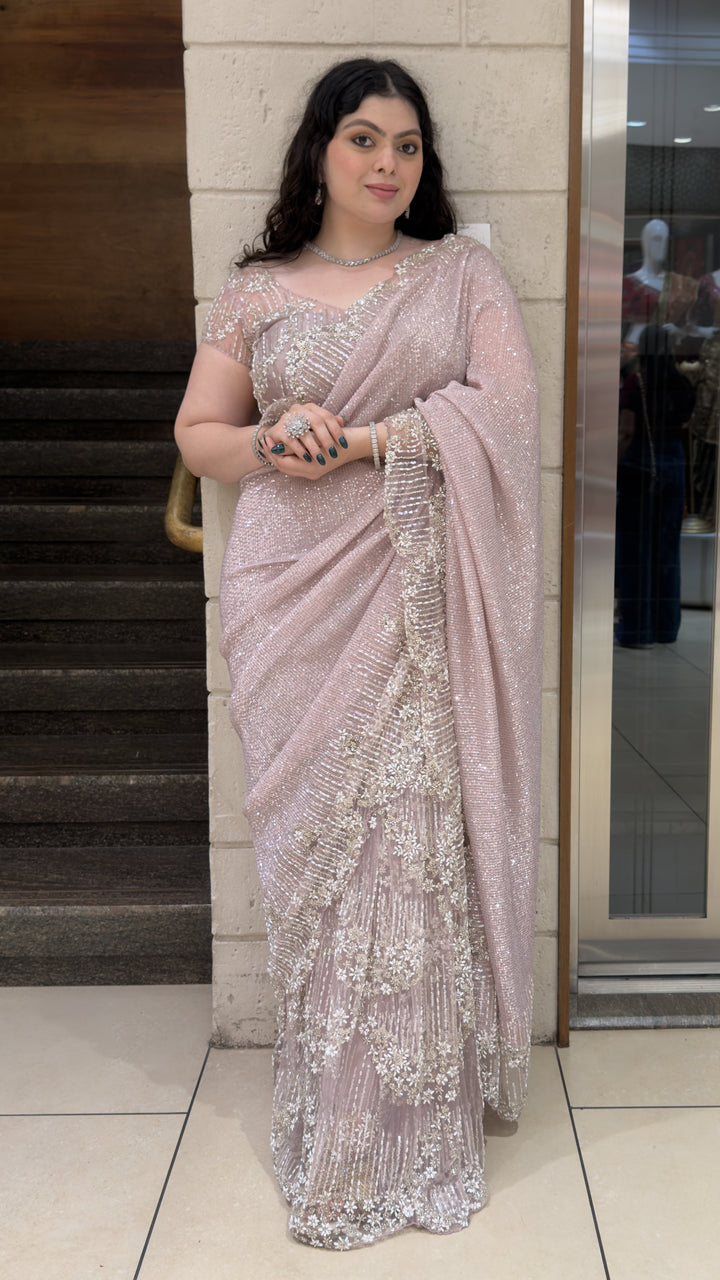 Blush Pink Sequin Embellished Designer Saree with Floral Embroidered Border