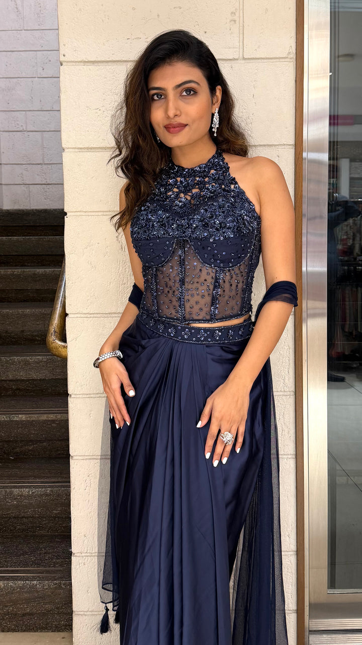 Midnight Navy Embroidered Indo-Western Drape Gown with Dupatta