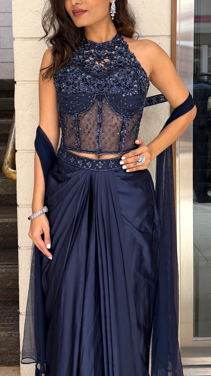Midnight Navy Embroidered Indo-Western Drape Gown with Dupatta