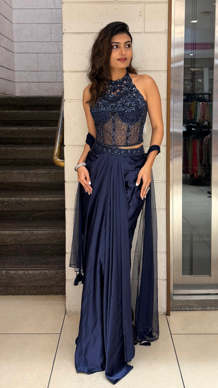 Midnight Navy Embroidered Indo-Western Drape Gown with Dupatta