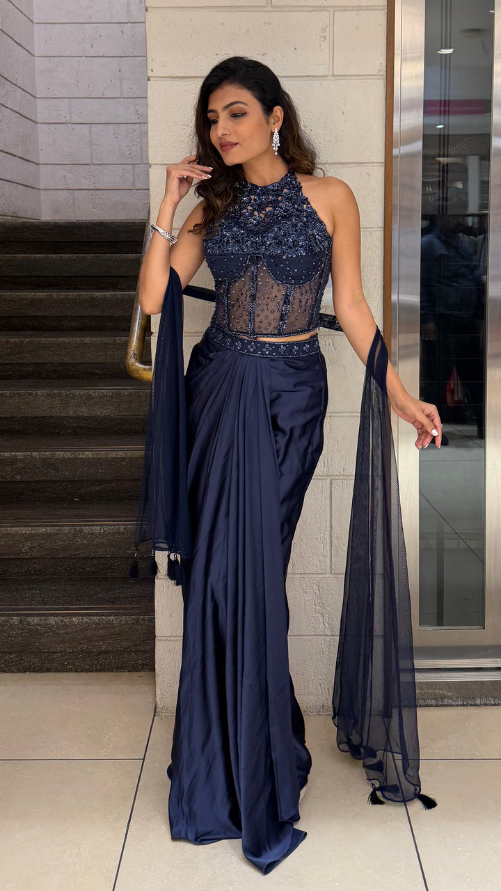 Midnight Navy Embroidered Indo-Western Drape Gown with Dupatta