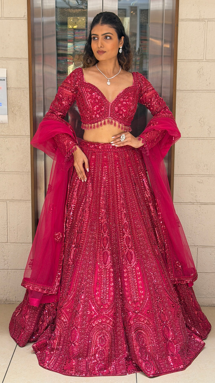 Hot Pink Heavy Embroidered Designer Party Wear Lehenga Set with Dupatta