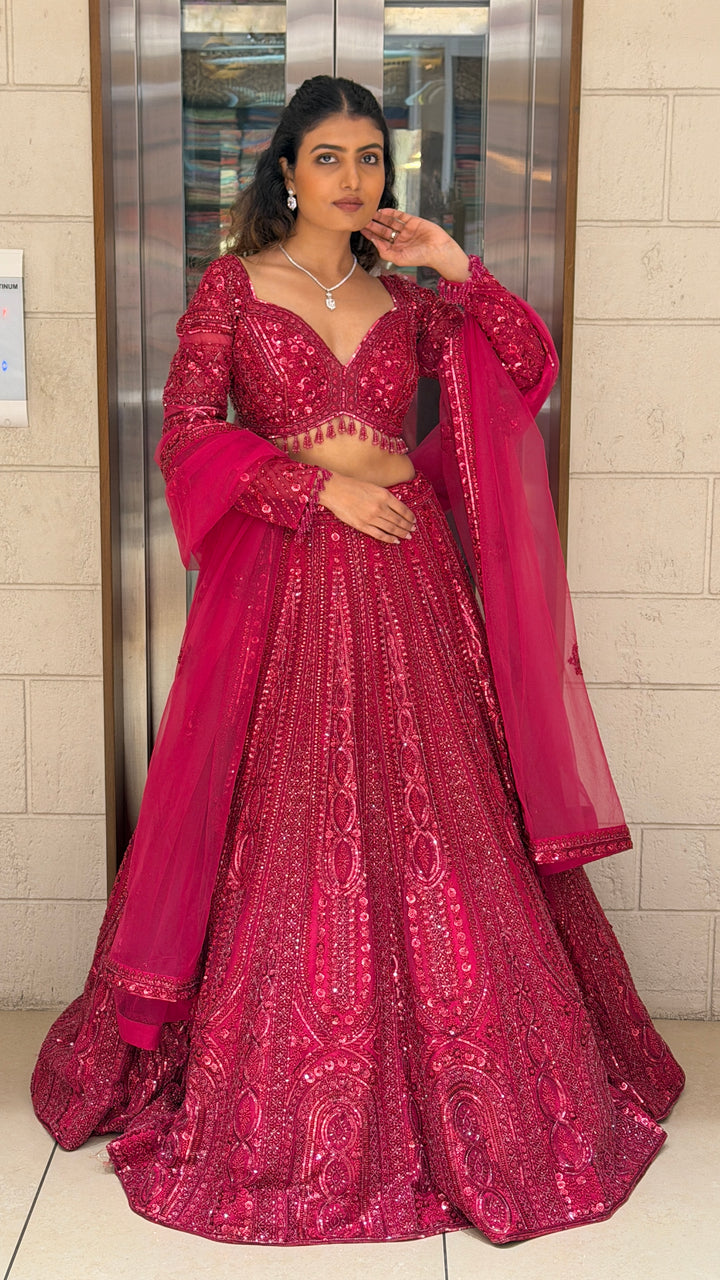 Hot Pink Heavy Embroidered Designer Party Wear Lehenga Set with Dupatta