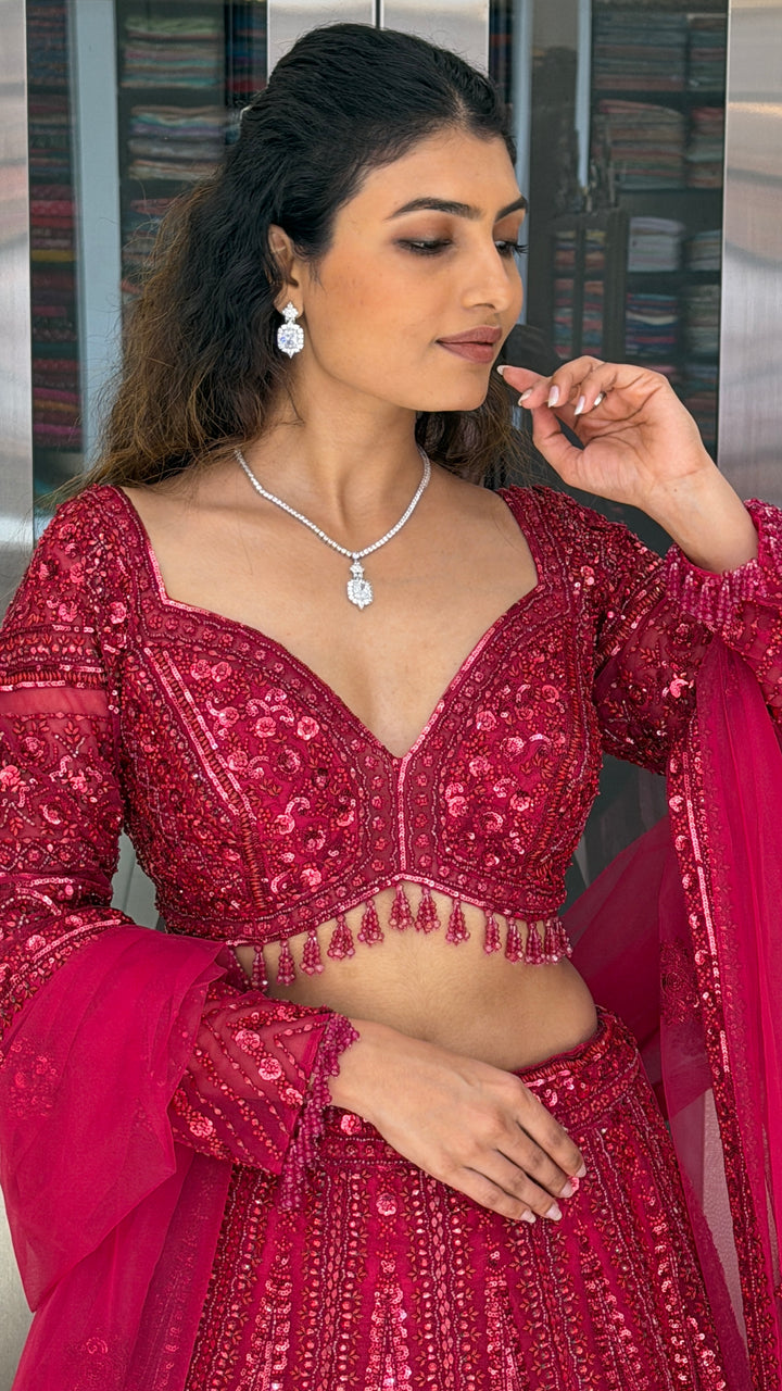 Hot Pink Heavy Embroidered Designer Party Wear Lehenga Set with Dupatta