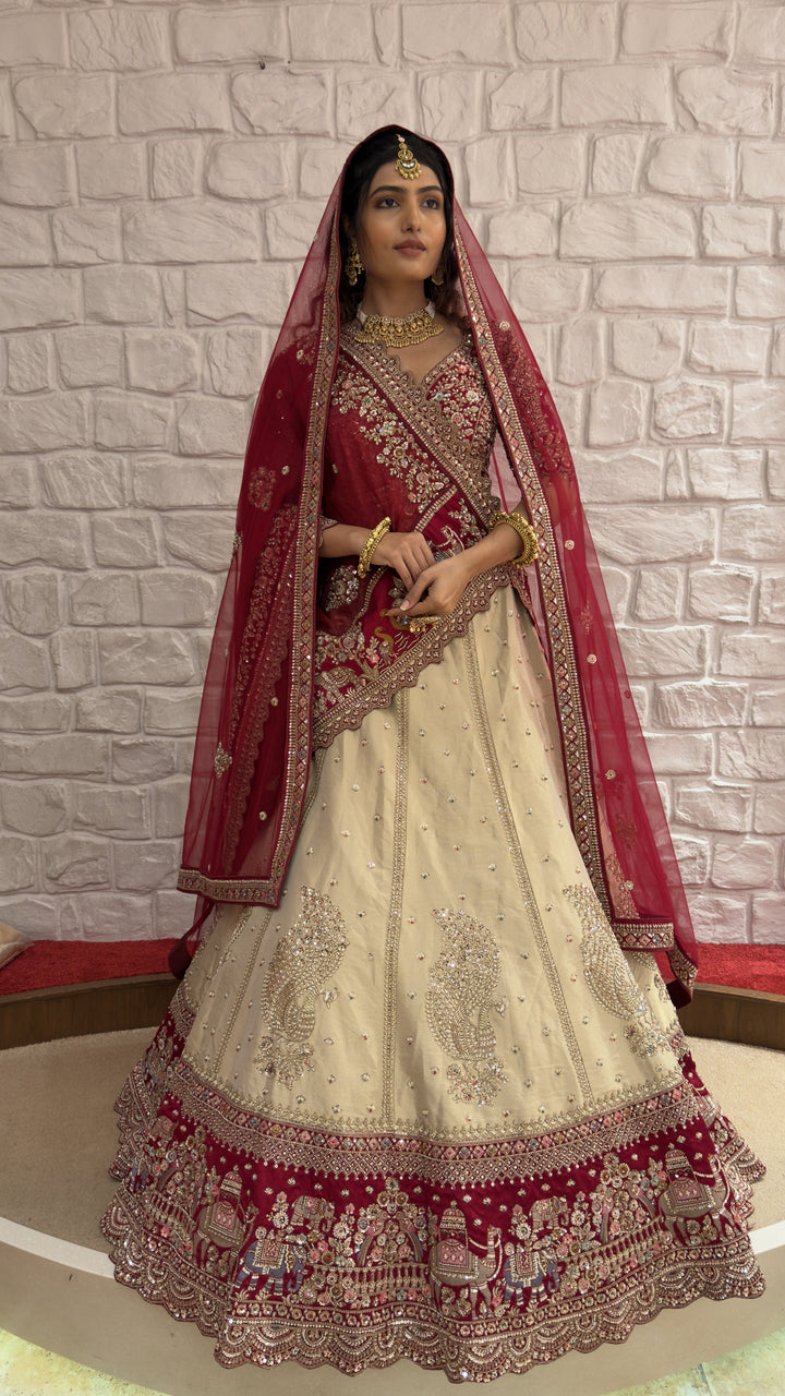 Ivory & Maroon Royal Bridal Lehenga Set with Heritage Embroidery and Net Dupatta