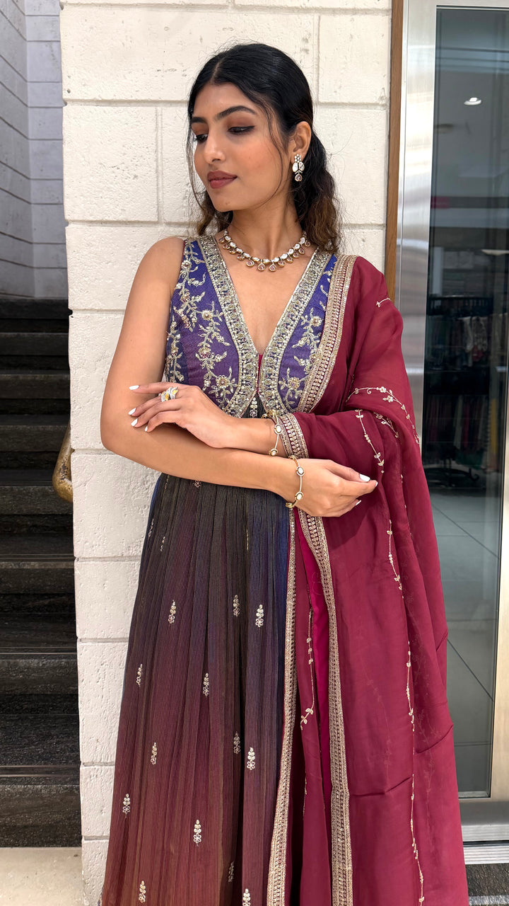Ombre Wine Purple Long Dress with Palazzo & Dupatta