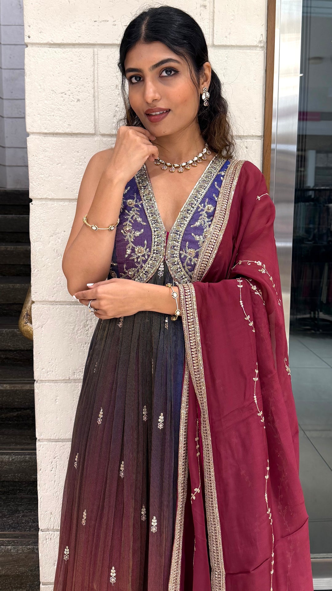 Ombre Wine Purple Long Dress with Palazzo & Dupatta