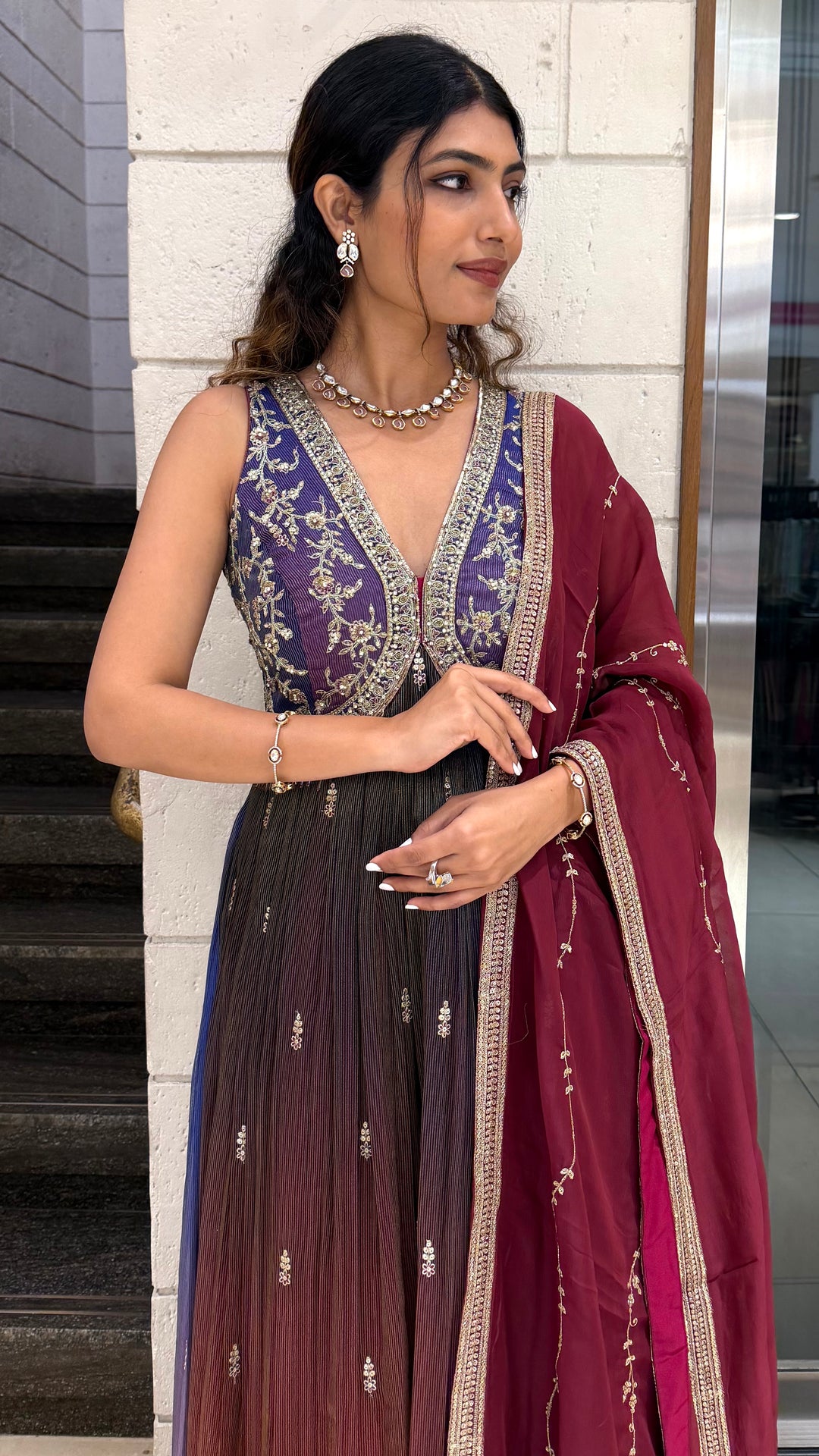 Ombre Wine Purple Long Dress with Palazzo & Dupatta