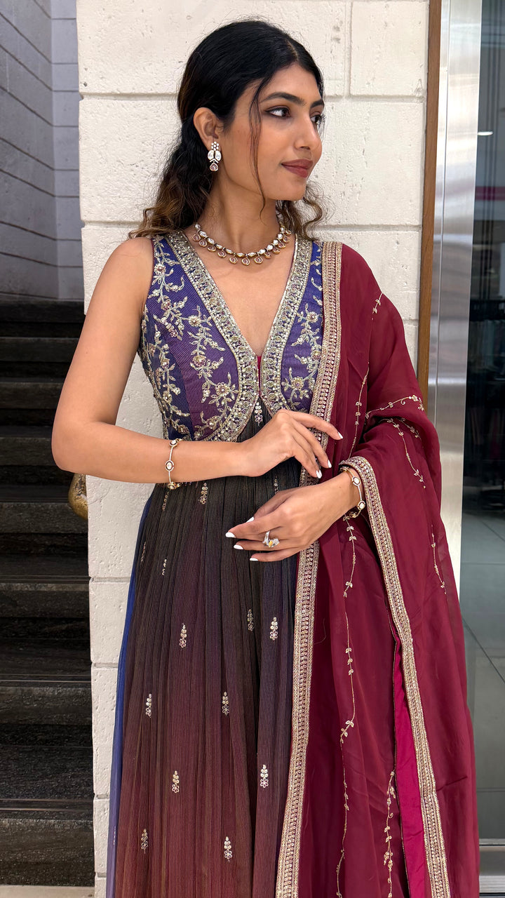 Ombre Wine Purple Long Dress with Palazzo & Dupatta