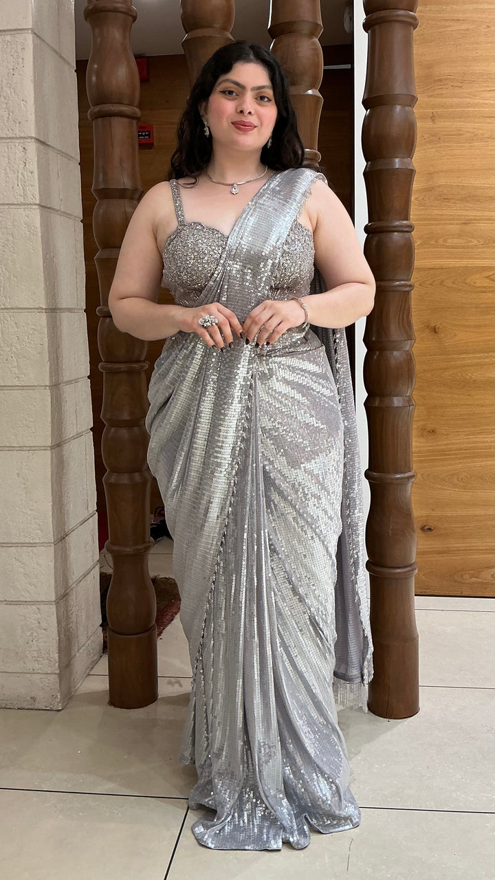Silver Grey Sequin Designer Ready-to-Wear Saree with Embellished Blouse
