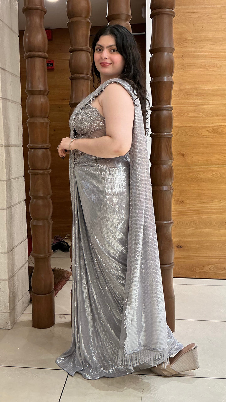 Silver Grey Sequin Designer Ready-to-Wear Saree with Embellished Blouse