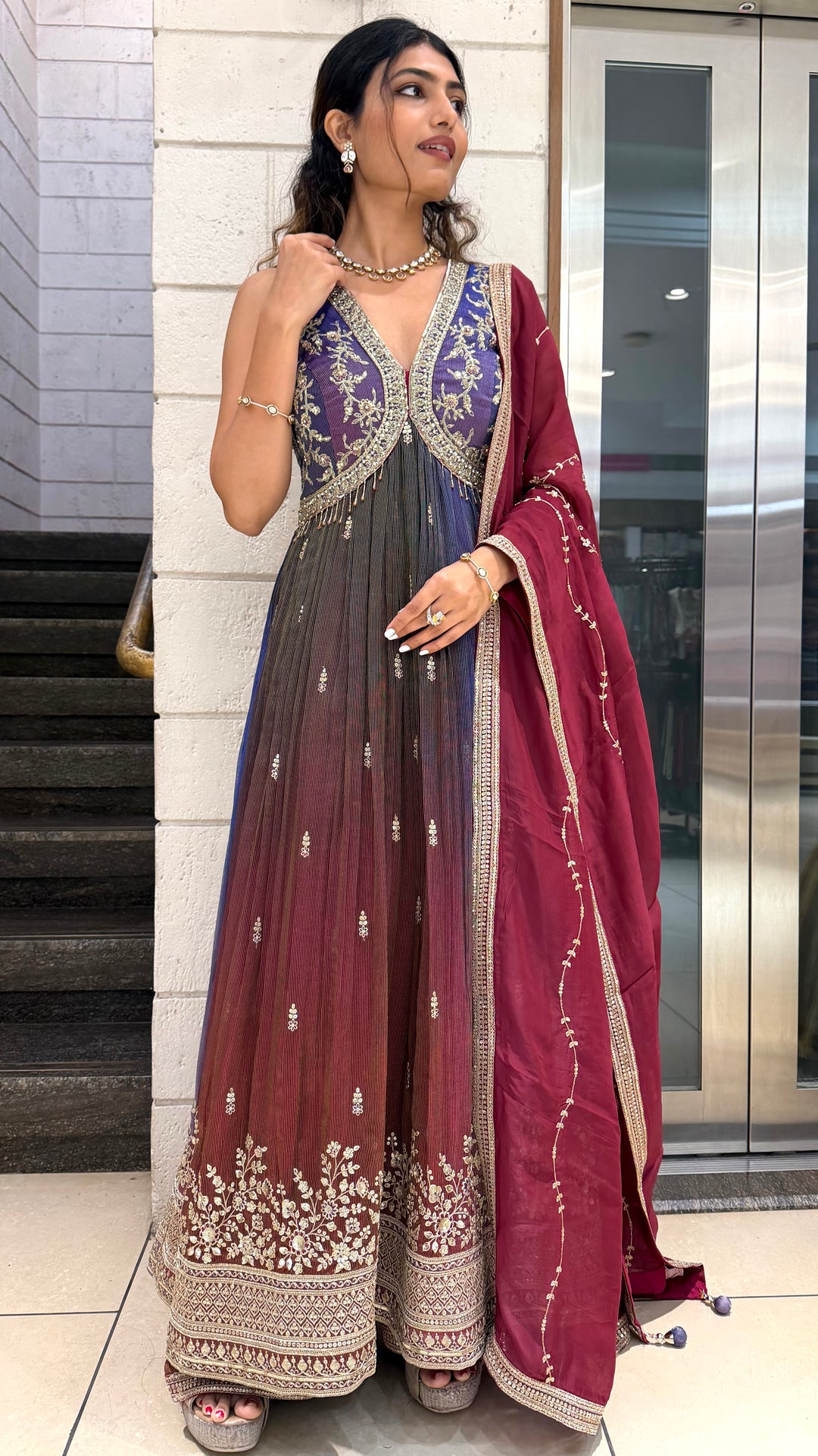 Ombre Wine Purple Long Dress with Palazzo & Dupatta