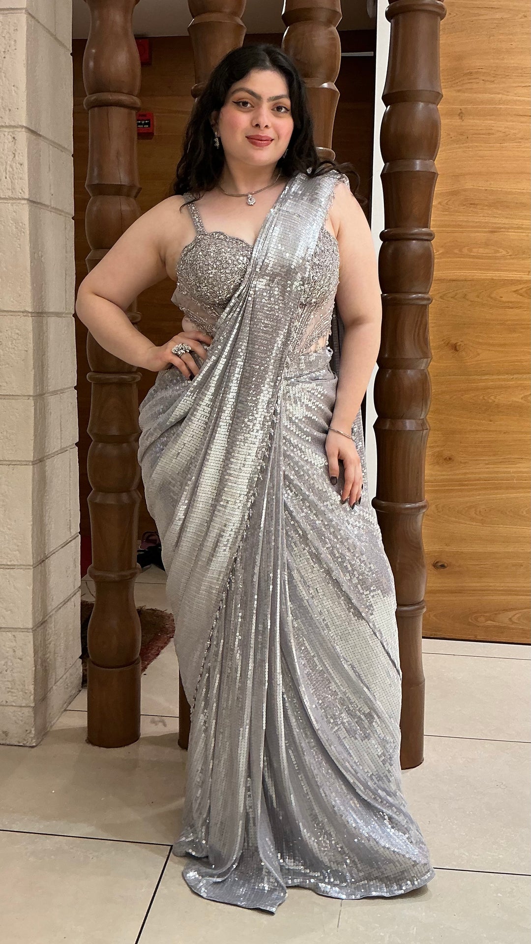 Silver Grey Sequin Designer Ready-to-Wear Saree with Embellished Blouse