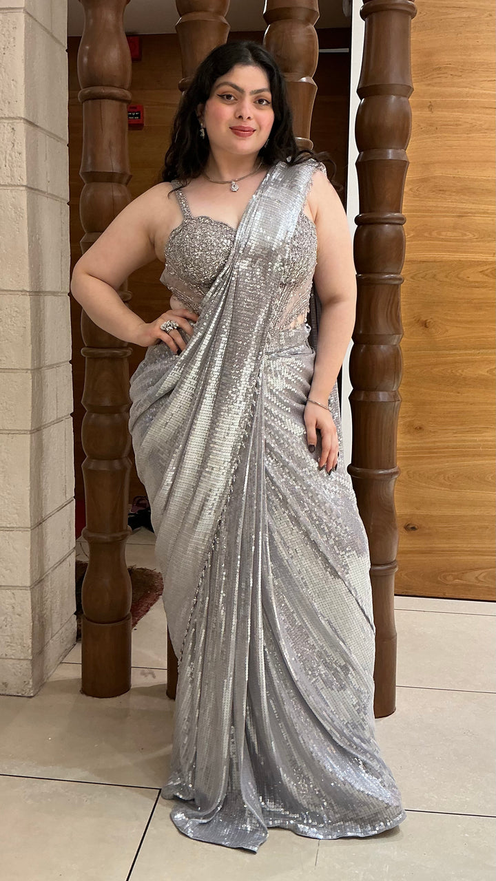 Silver Grey Sequin Designer Ready-to-Wear Saree with Embellished Blouse