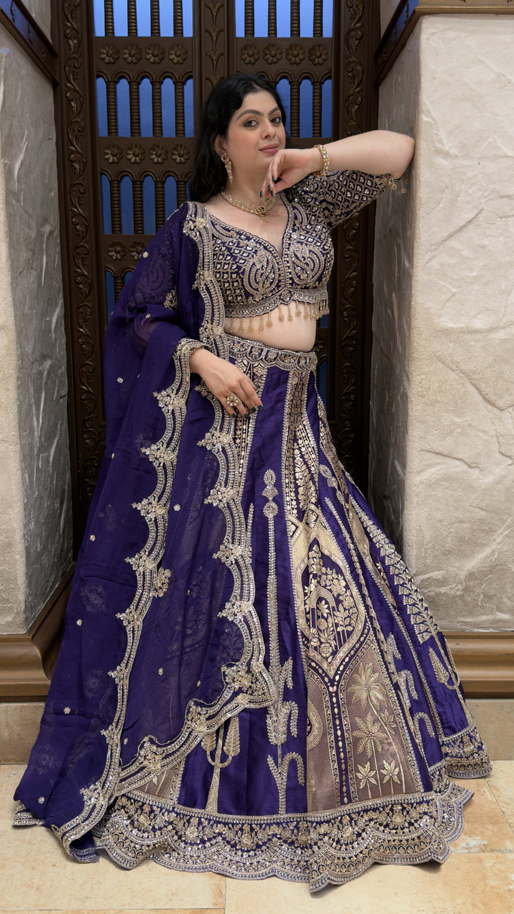 Royal Purple Banarasi Designer Lehenga Set with Heavy Zari Embroidery & Dupatta