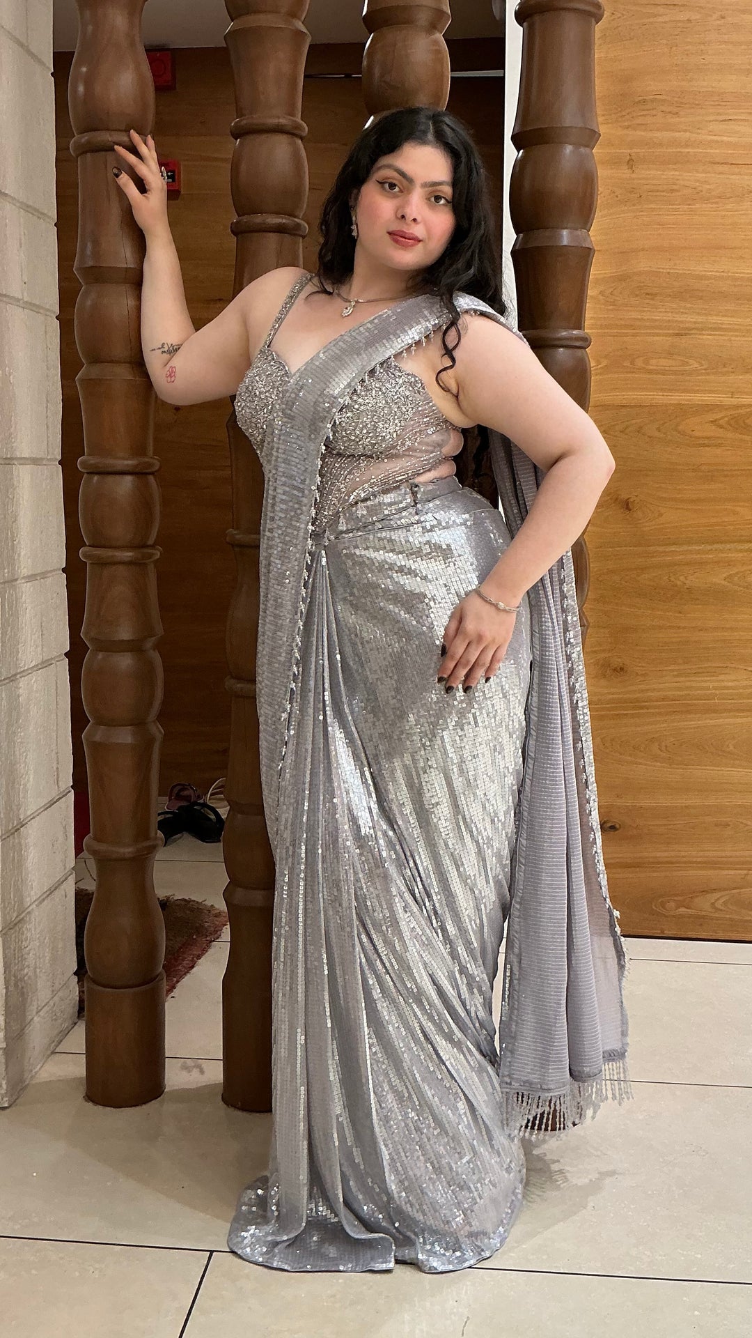 Silver Grey Sequin Designer Ready-to-Wear Saree with Embellished Blouse
