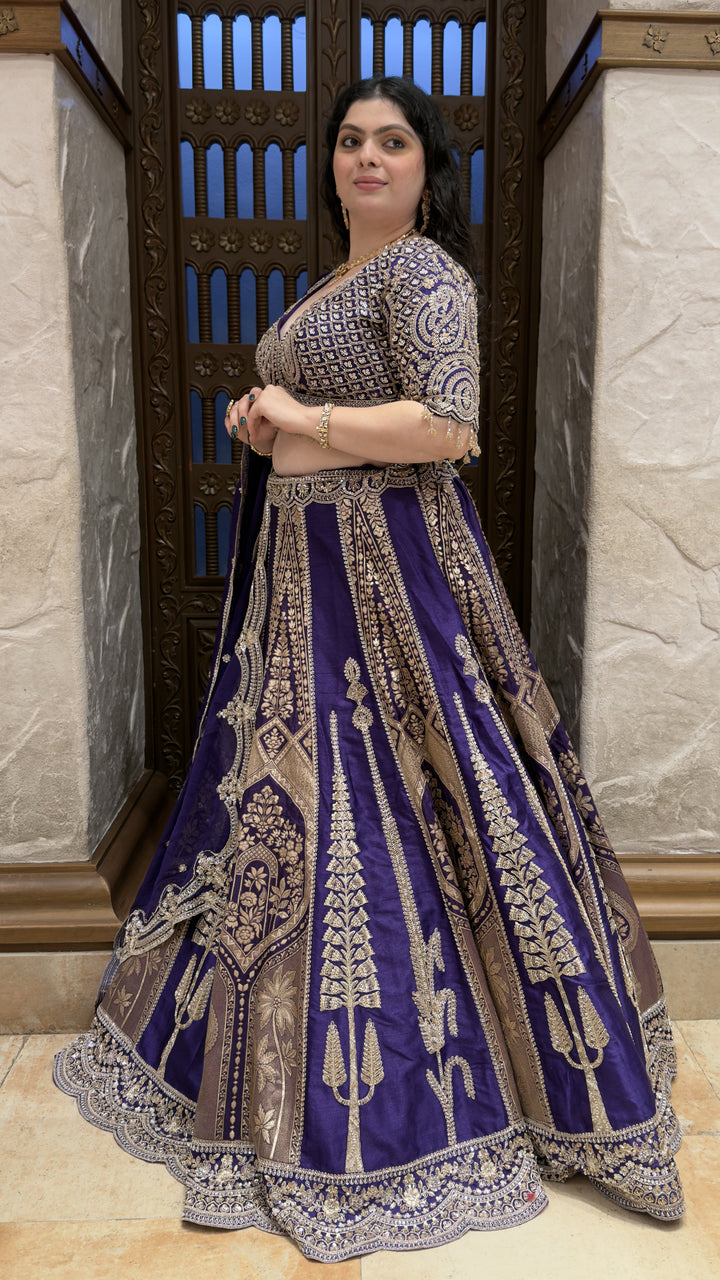 Royal Purple Banarasi Designer Lehenga Set with Heavy Zari Embroidery & Dupatta