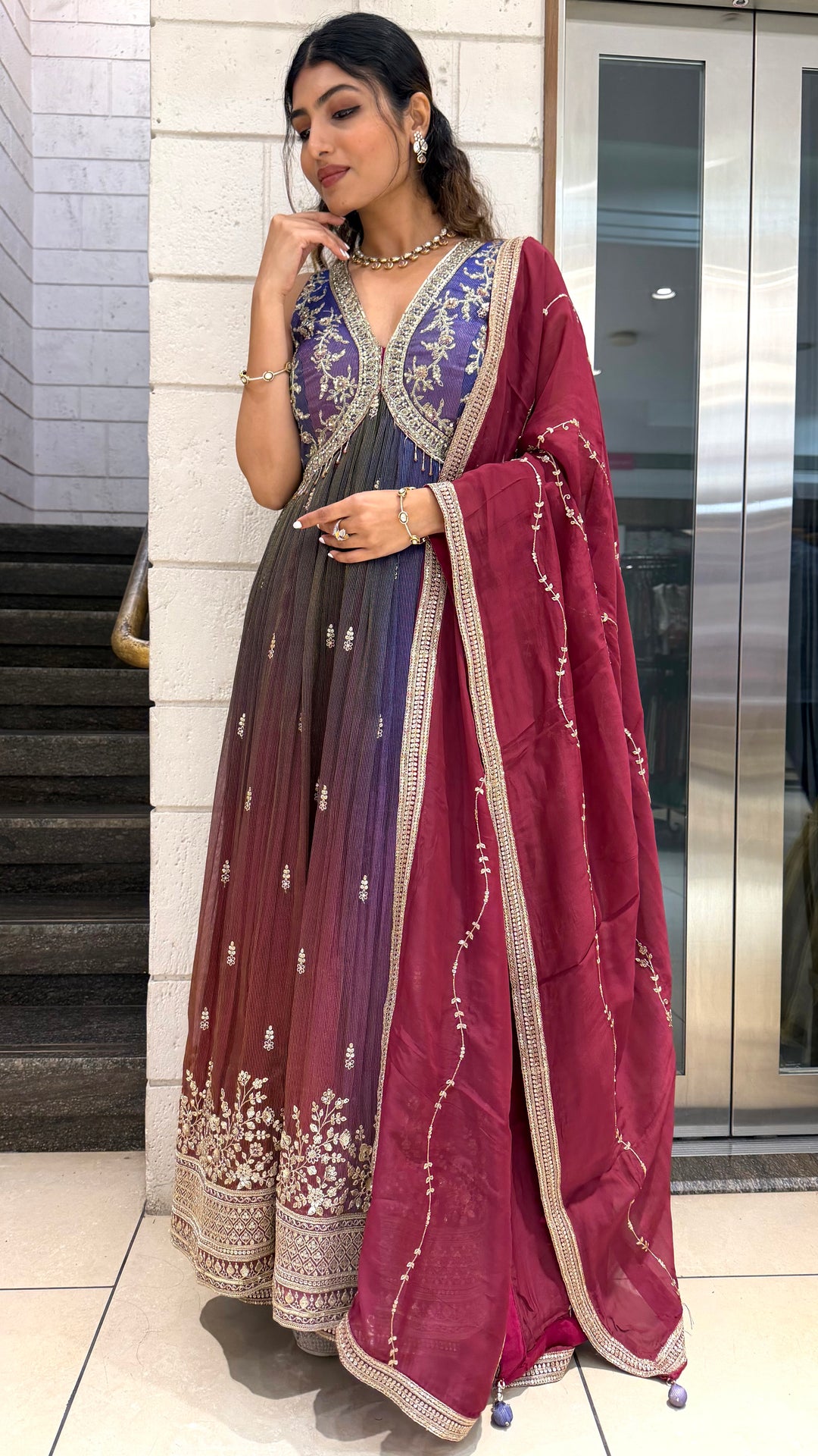 Ombre Wine Purple Long Dress with Palazzo & Dupatta