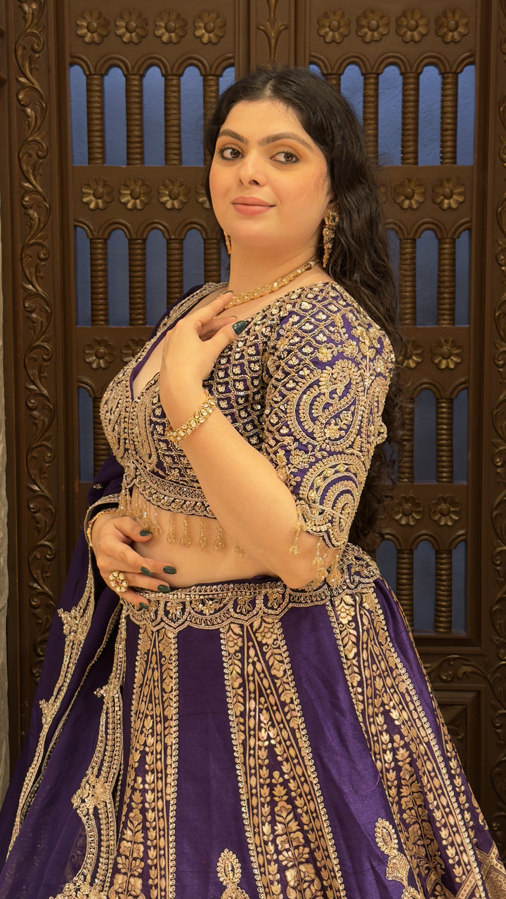 Royal Purple Banarasi Designer Lehenga Set with Heavy Zari Embroidery & Dupatta