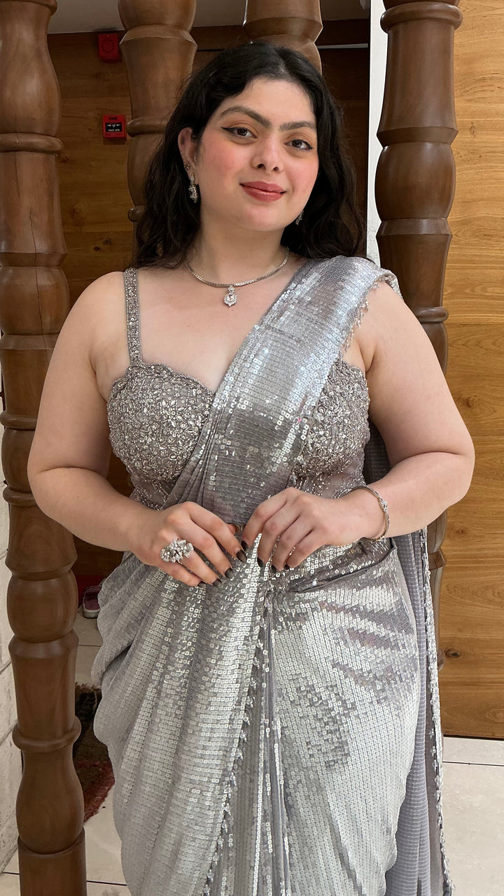 Silver Grey Sequin Designer Ready-to-Wear Saree with Embellished Blouse