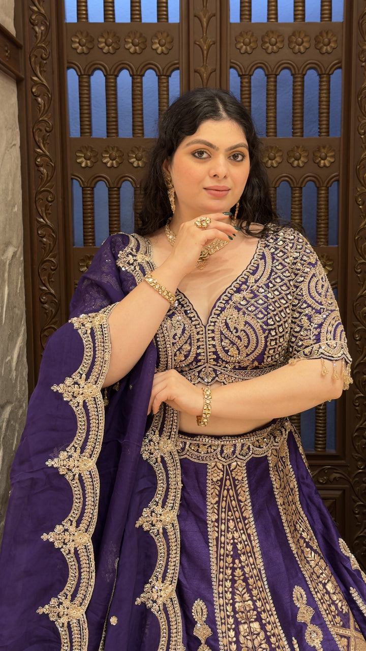 Royal Purple Banarasi Designer Lehenga Set with Heavy Zari Embroidery & Dupatta