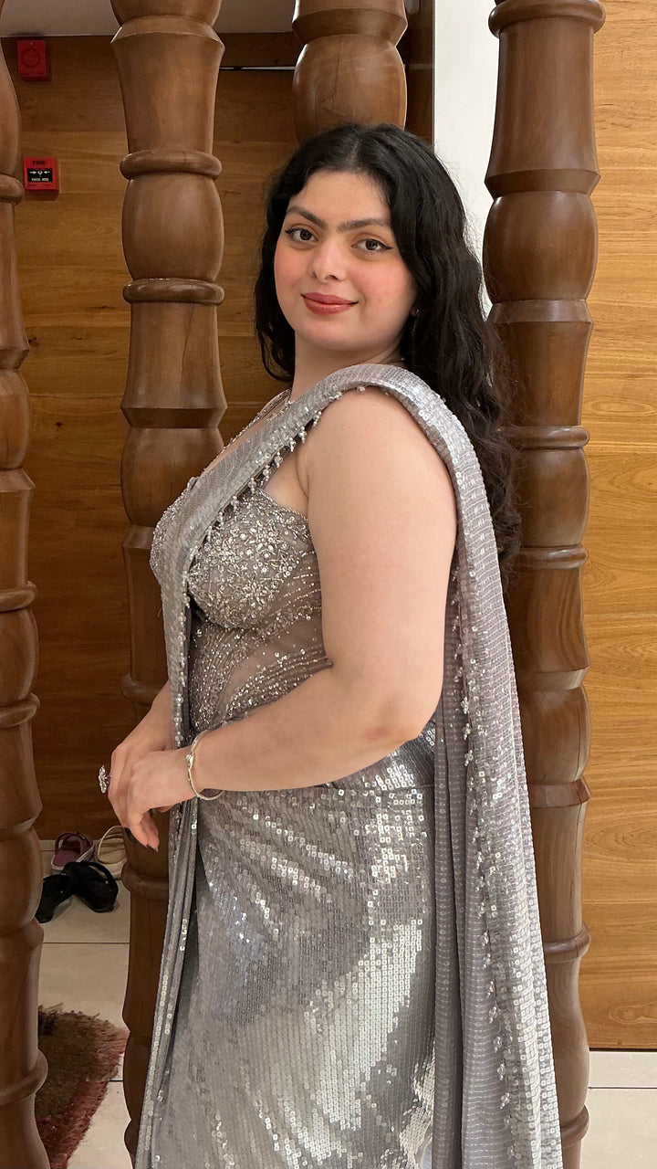 Silver Grey Sequin Designer Ready-to-Wear Saree with Embellished Blouse