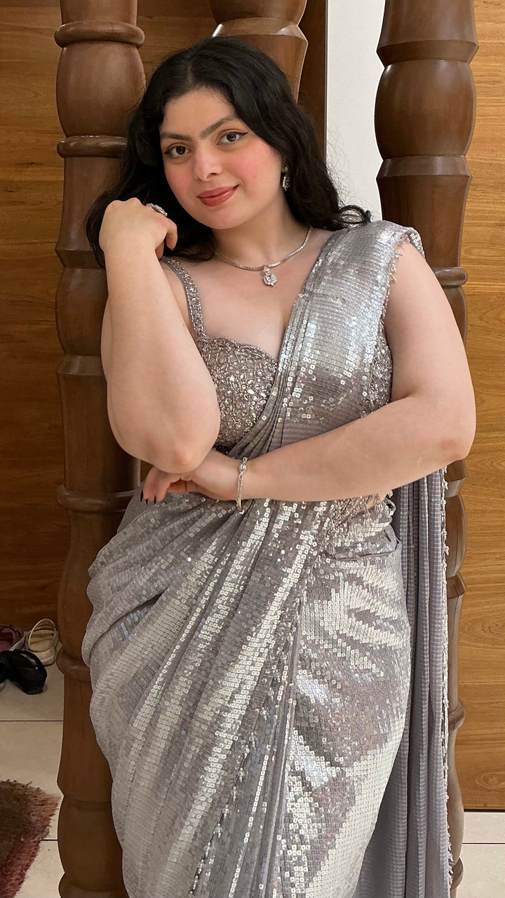 Silver Grey Sequin Designer Ready-to-Wear Saree with Embellished Blouse