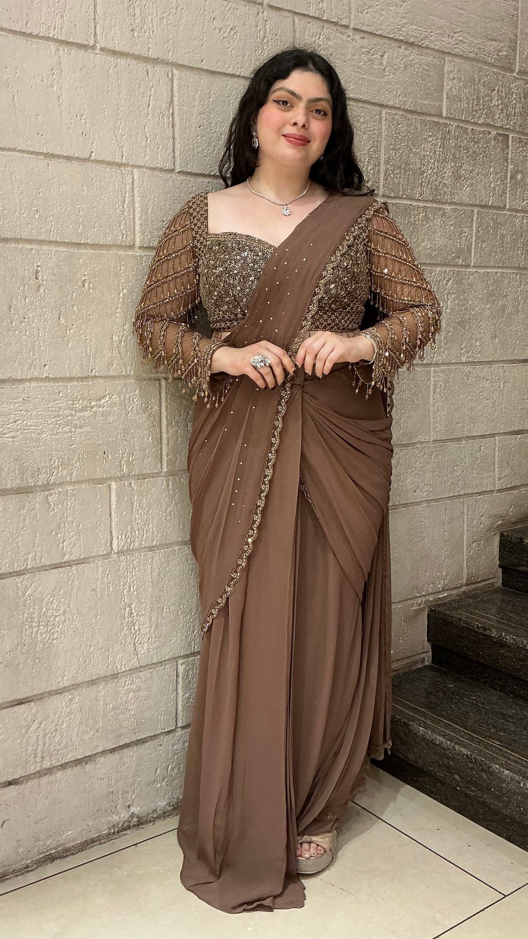 Mocha Brown Designer Ready-to-Wear Saree with Embellished Blouse