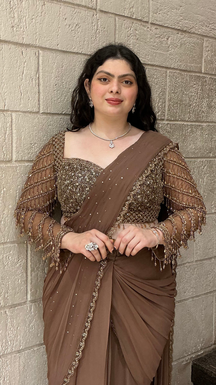 Mocha Brown Designer Ready-to-Wear Saree with Embellished Blouse