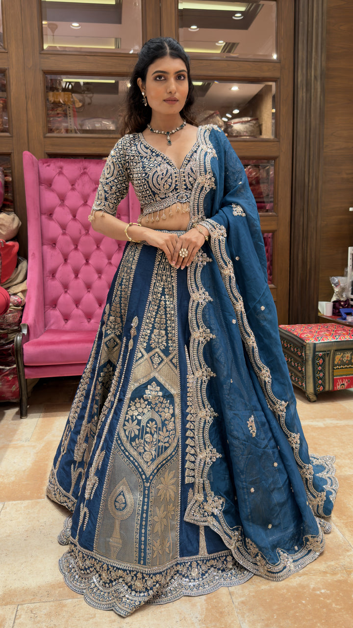 Royal Teal Blue Banarasi Designer Lehenga Set with Heavy Zari Embroidery & Dupatta