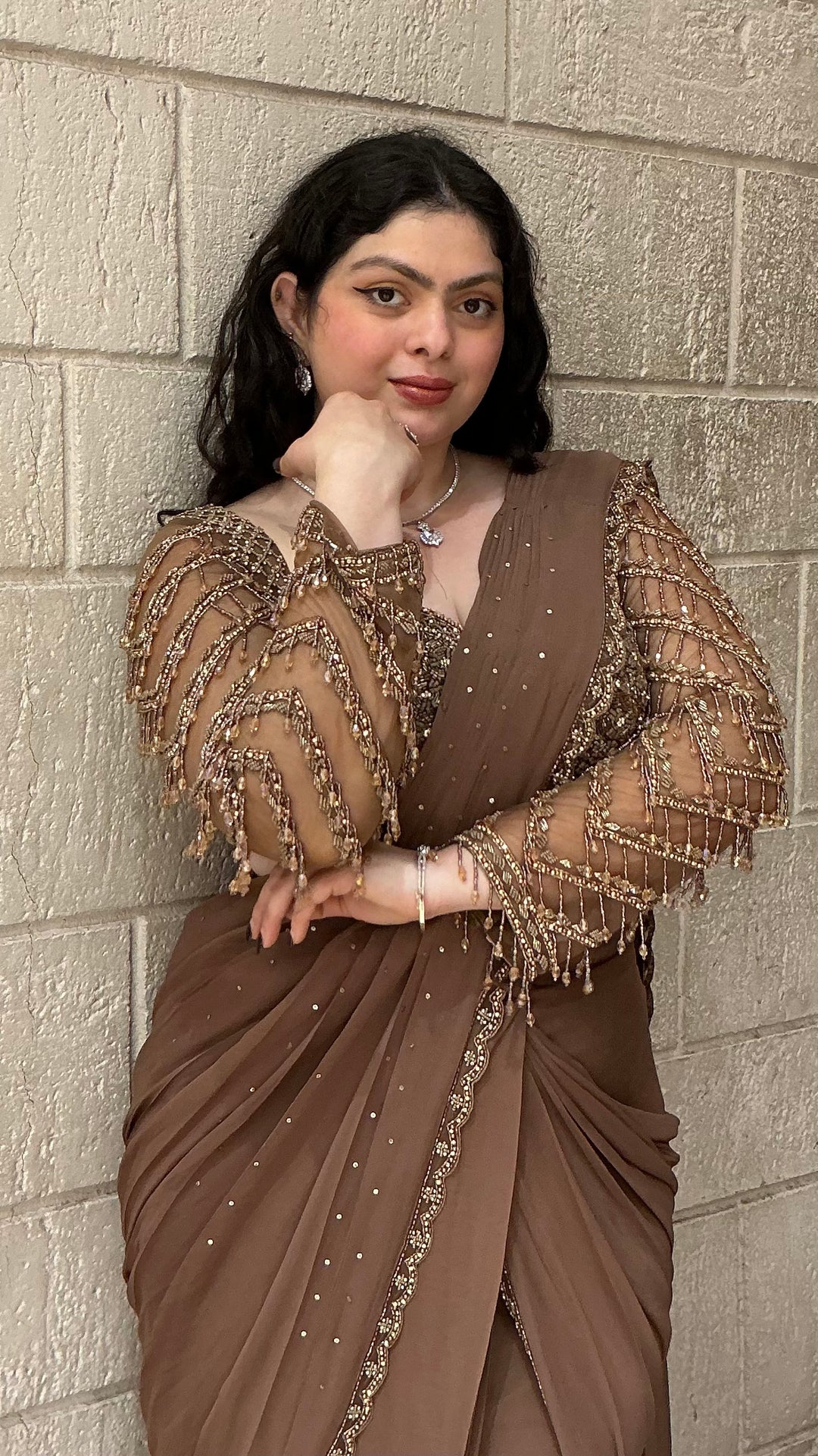 Mocha Brown Designer Ready-to-Wear Saree with Embellished Blouse
