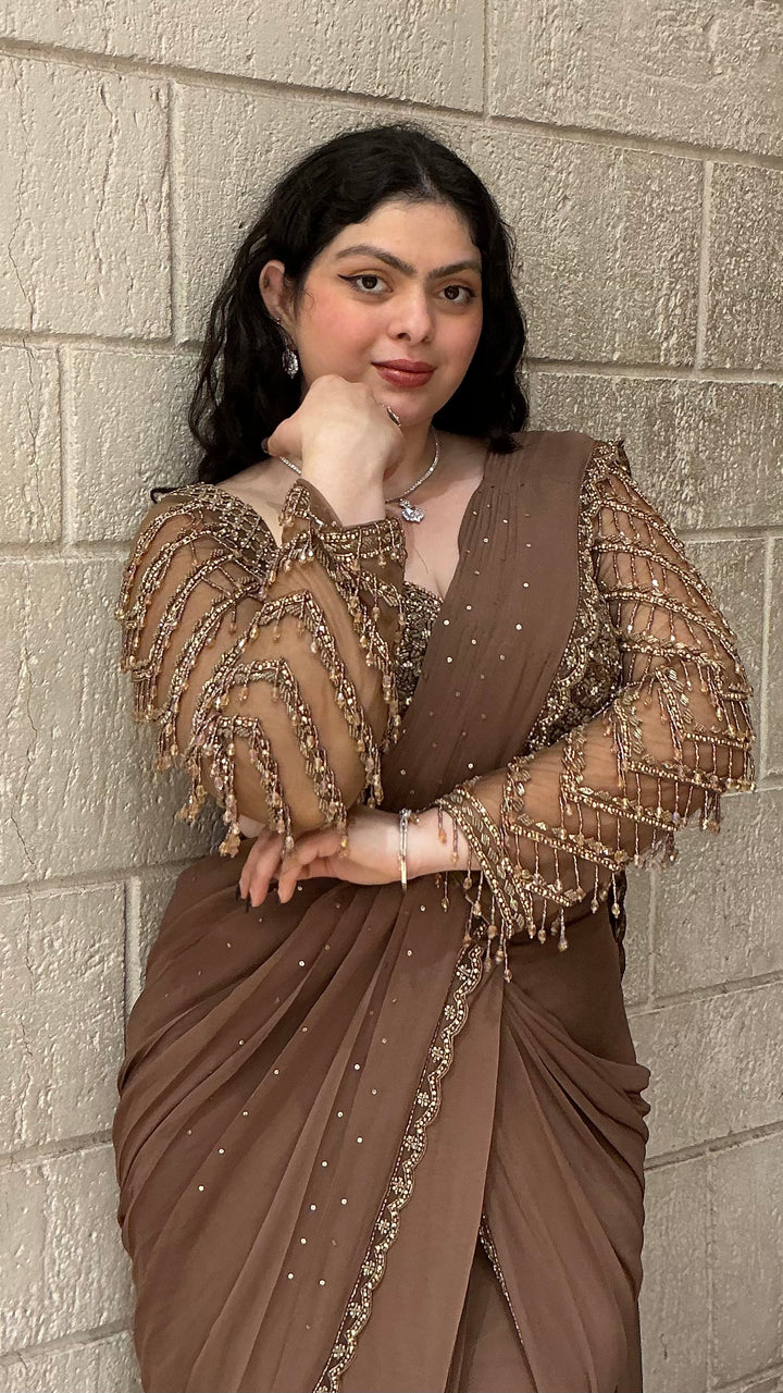 Mocha Brown Designer Ready-to-Wear Saree with Embellished Blouse