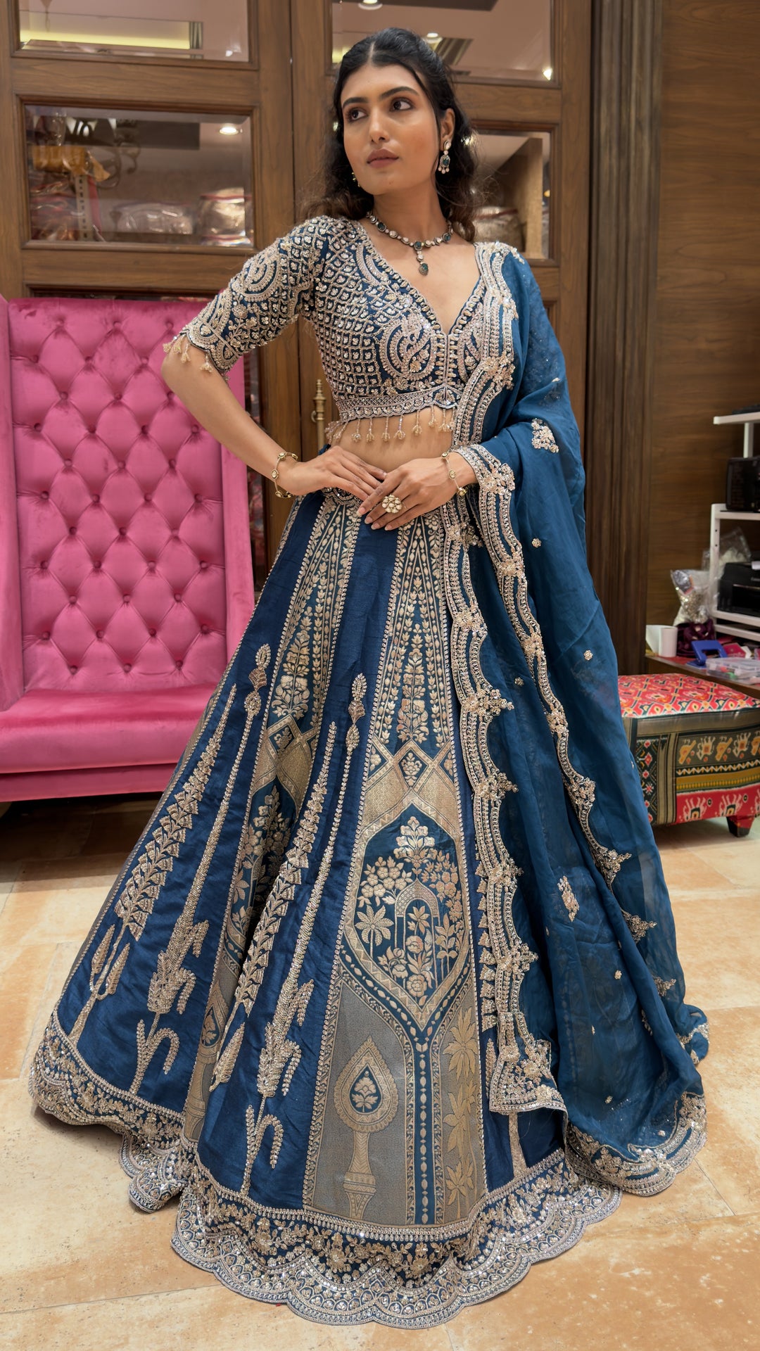 Royal Teal Blue Banarasi Designer Lehenga Set with Heavy Zari Embroidery & Dupatta