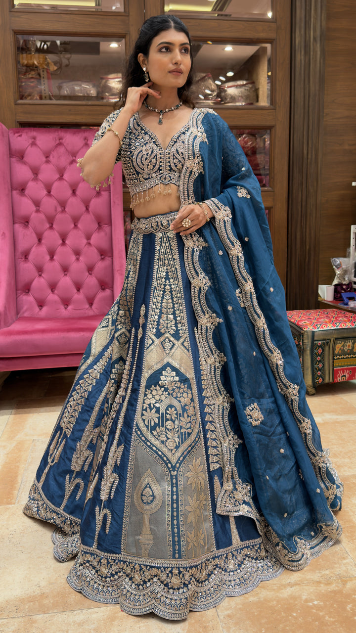 Royal Teal Blue Banarasi Designer Lehenga Set with Heavy Zari Embroidery & Dupatta
