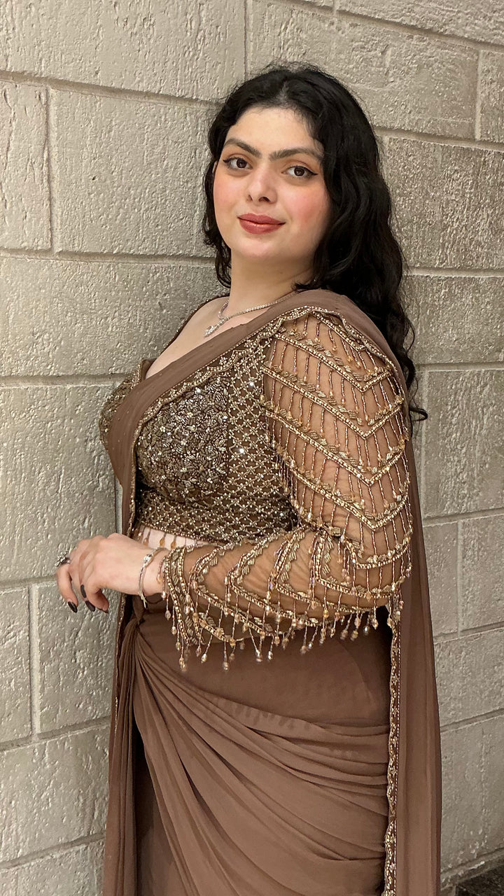 Mocha Brown Designer Ready-to-Wear Saree with Embellished Blouse