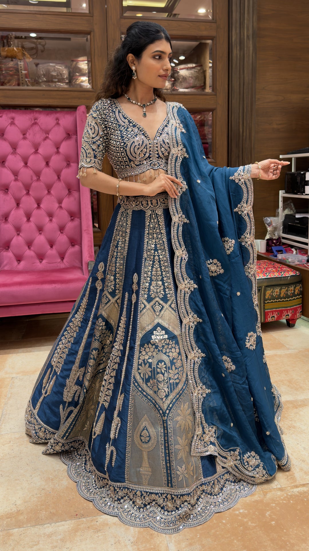 Royal Teal Blue Banarasi Designer Lehenga Set with Heavy Zari Embroidery & Dupatta