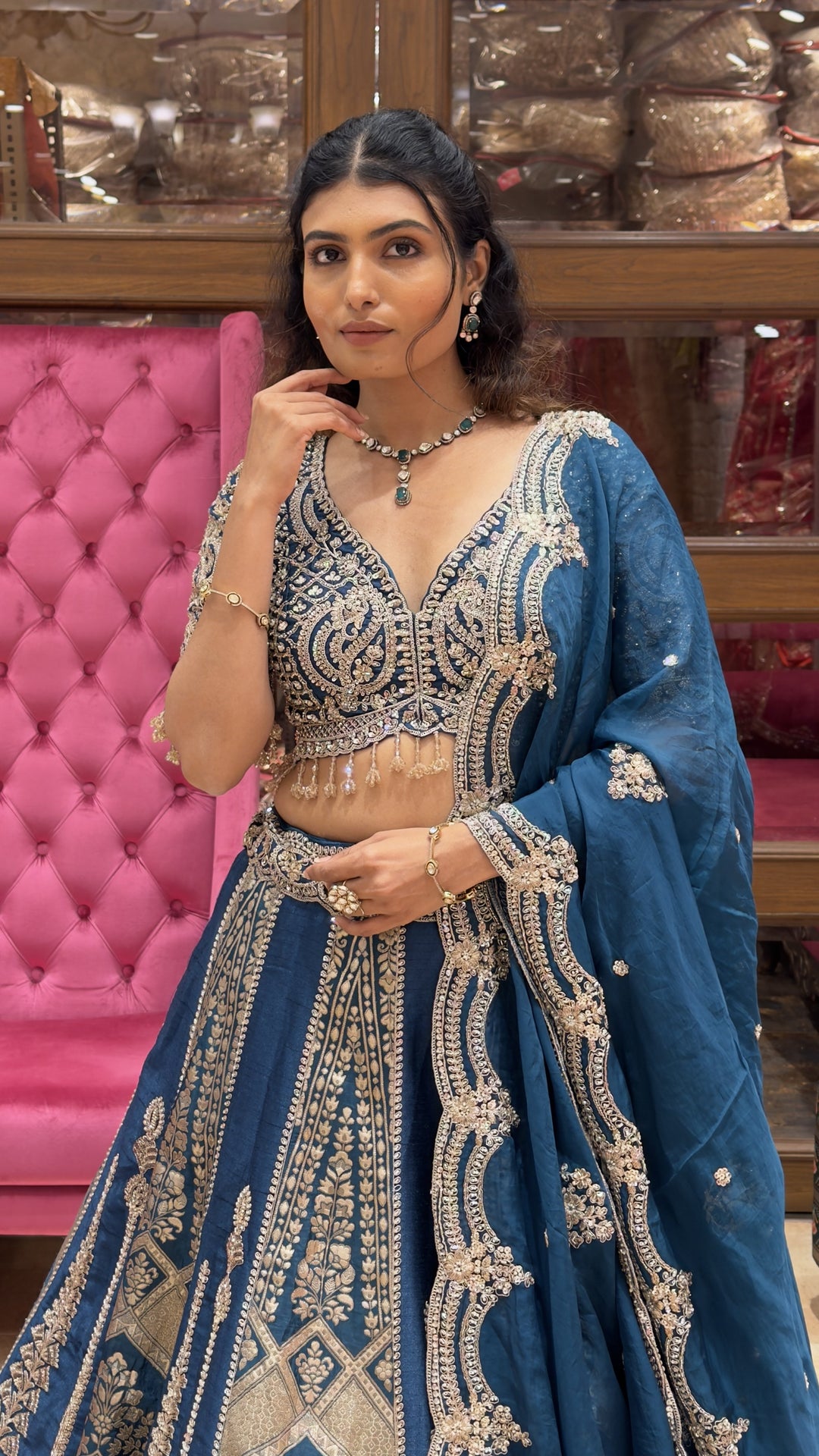 Royal Teal Blue Banarasi Designer Lehenga Set with Heavy Zari Embroidery & Dupatta