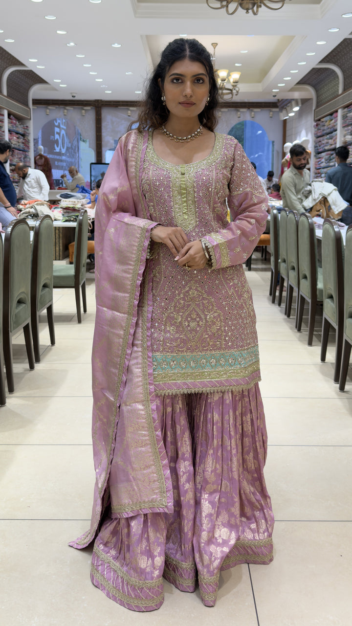 Lilac Pink Embroidered Kurta Sharara Set with Banarasi Dupatta